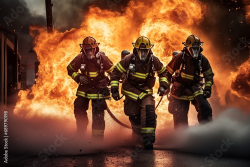 Confident firefighter in full gear, promoting fire safety and prevention in a compelling marketing campaign, emphasizing preparedness and community protection photo