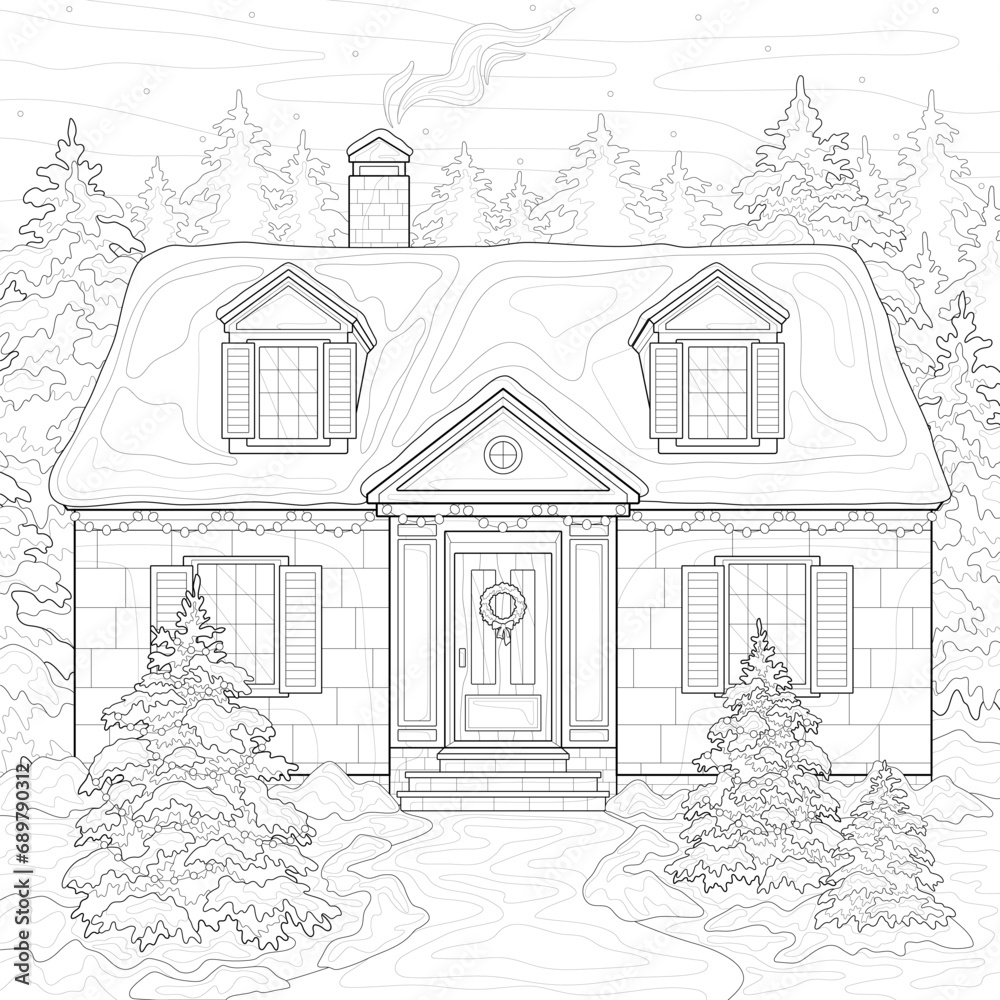 Brick house with snow on the roof, yard, hanging Christmas wreath on door, fir trees with garland, forest, sky, smoke. Winter illustration on a white isolated background. For coloring book pages.