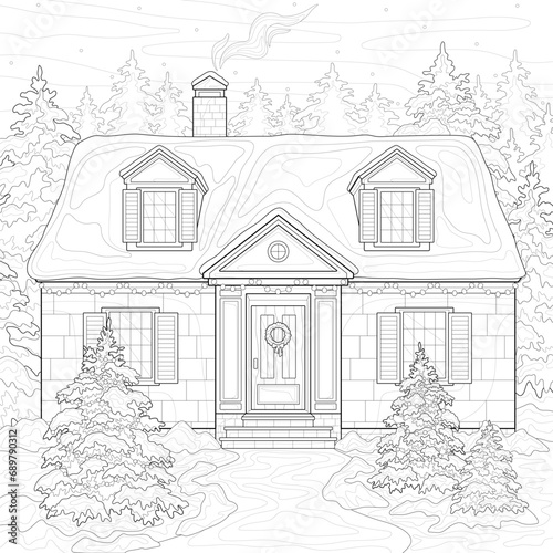 Brick house with snow on the roof  yard  hanging Christmas wreath on door  fir trees with garland  forest  sky  smoke. Winter illustration on a white isolated background. For coloring book pages.
