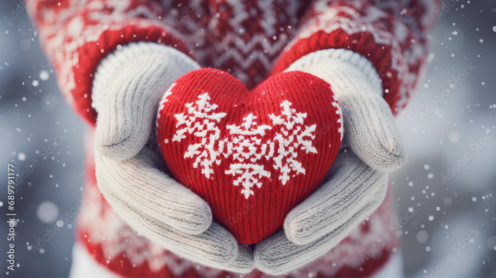 Fototapeta premium Cozy Winter Love - Snowflake Heart in Mittened Hands