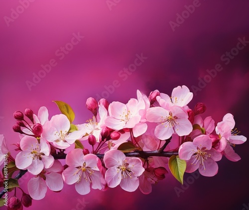 a beautiful cherry twig on a purple background, all in bloom. a place for a congratulatory text.