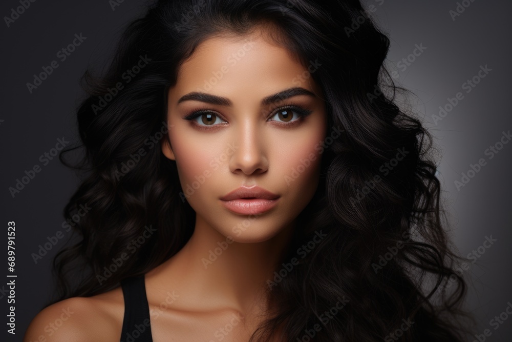 Beauty portrait of a pretty Hispanic brunette with well-groomed hair and facial skin on gray background.