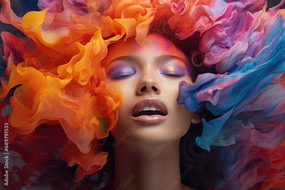 Mental Health Concept. Portrait of a woman with closed eyes and open mouth drowned in multicolored smoke.