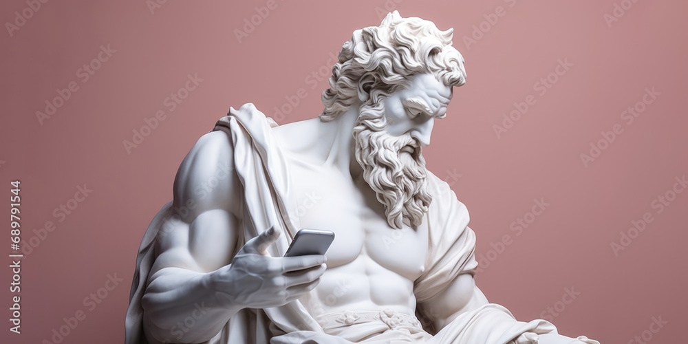 White sculpture of a Greek god with a smartphone in his hand on a pink background.