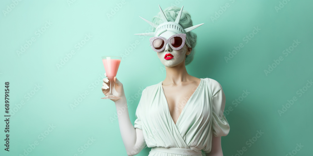 Summer portrait of a lady in the image of the statue of liberty wearing glamorous sunglasses with a cocktail glass in hand on blue negative space. - obrazy, fototapety, plakaty 
