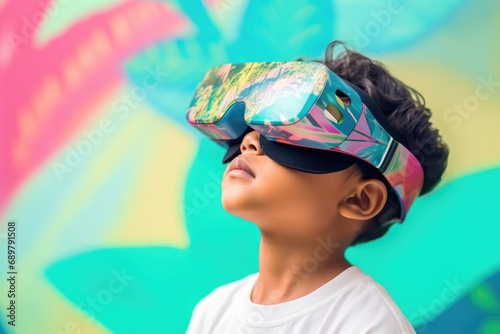Portrait of a Latino boy of alpha generation wearing modern virtual reality goggles on an abstract rainbow background.