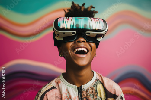 Portrait of an amazed African alpha generation boy wearing VR goggles on a linear rainbow background. photo
