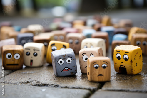 Mental Health Concept. Group of small cubes with different emotions expressed on a city street with bokeh effect.
