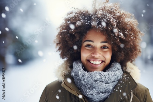 Winter portrait of a smiling African American woman with fierce curly hair against a backdrop of falling snow.