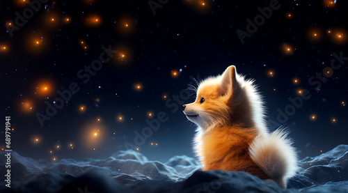 Fox sitting, starry sky, glowing orbs, mountains, night, looking up, majestic, orange fur, peaceful, mysterious