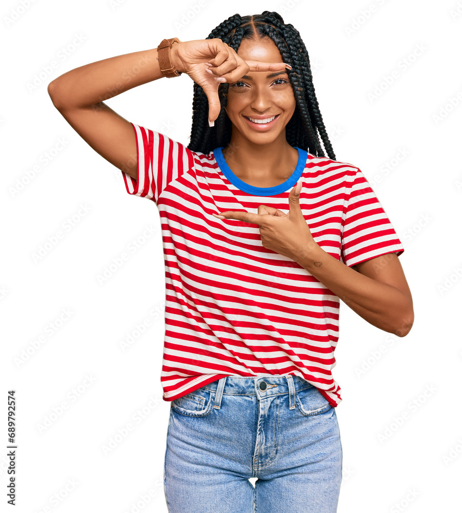 Beautiful hispanic woman wearing casual clothes smiling making frame with hands and fingers with happy face. creativity and photography concept. Beautiful hispanic woman wearing casual clothes smiling making frame with hands and fingers with happy face. creativity and photography concept.