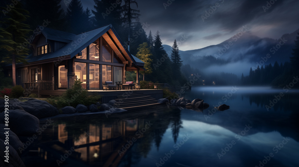 Fototapeta premium a wooden cabin on the shore of a lake in the mountains. The cabin is a modern design with a large glass window and a deck. it is lit from within and the light spills out onto the deck.
