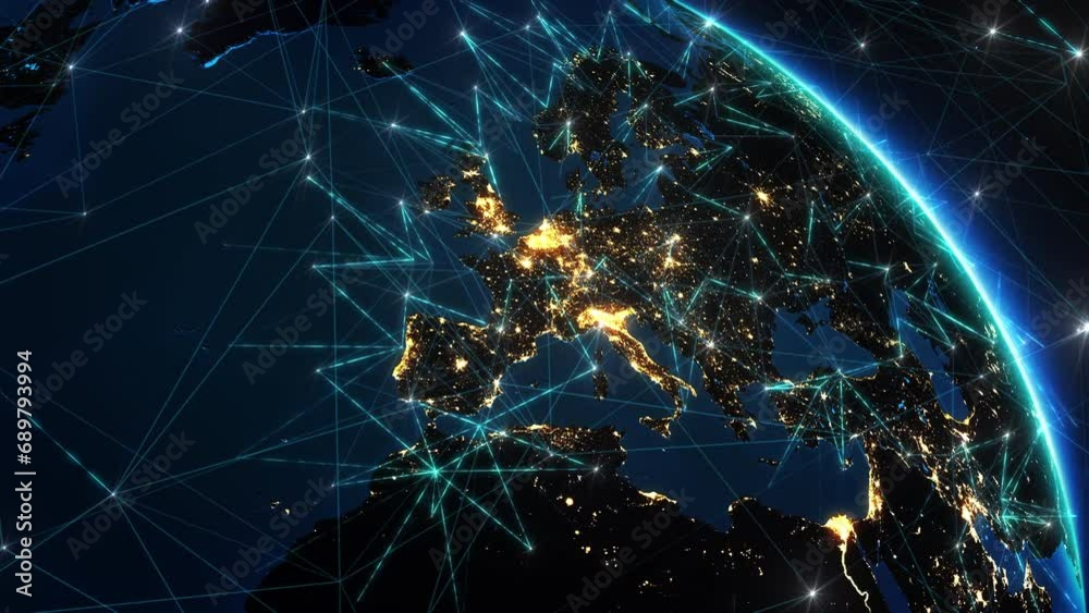 
Digital Grid Over Surface Of Night Planet Earth. A Futuristic, Global Connection Network. Rays of Information Between Cities and Countries.