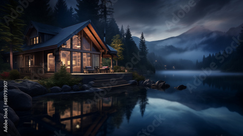 a wooden cabin on the shore of a lake in the mountains. The cabin is a modern design with a large glass window and a deck. it is lit from within and the light spills out onto the deck.
