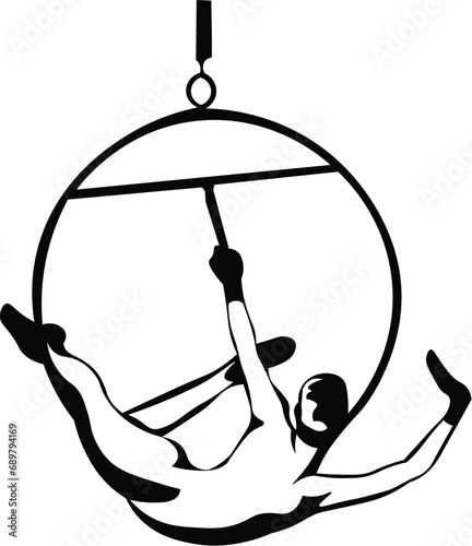 Cartoon Black and White Isolated Illustration Vector Of A Circus Performer laying on an Aerial Hoop