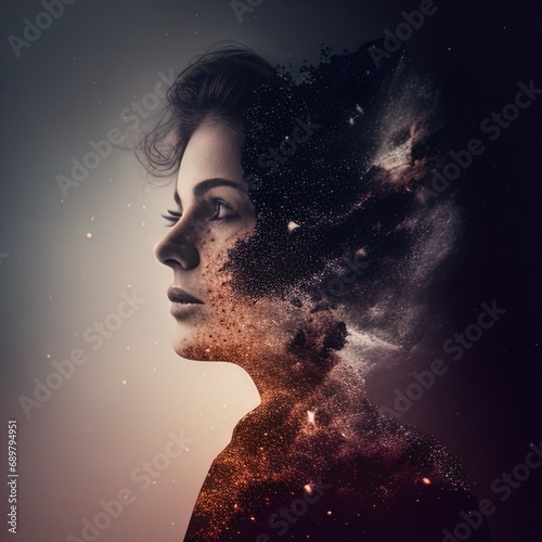 Double exposure surreal image of face and universe. Great for stories on dreams, imagination, intelligence, religion, philosophy and more.  photo