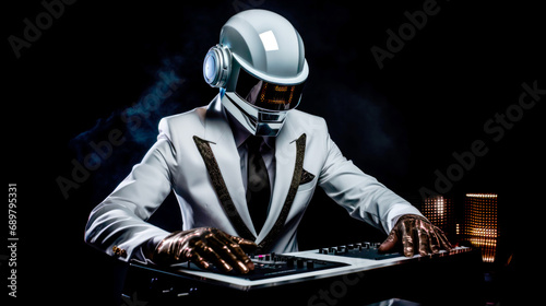 dj white suit futuristic helmet partying black background 