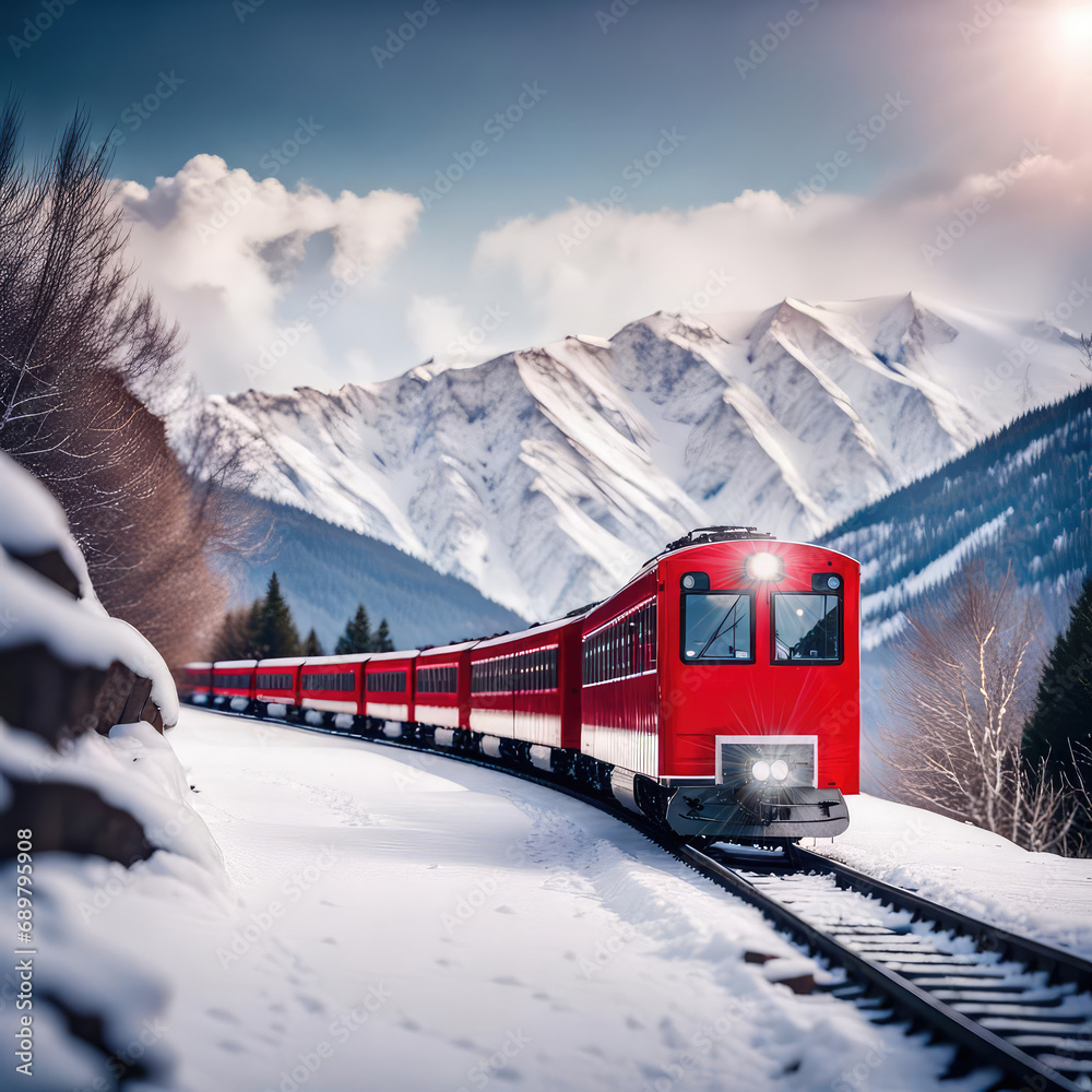 Red train in a winter mountain valley with glowing lights