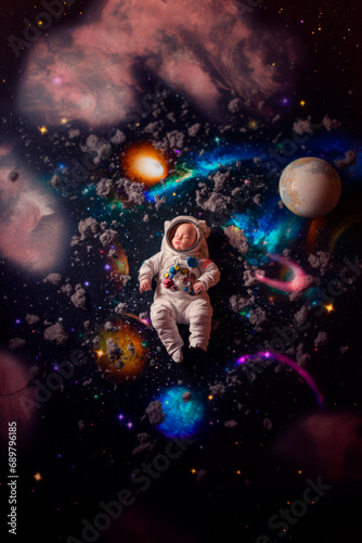 Baby in space, spaceman. Dream, exploration concept. AI generative