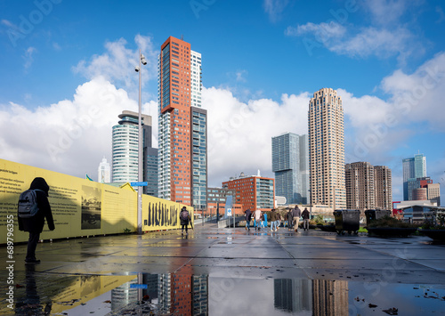 kop van zuid in rotterdam seen from rijnhavenbrug on sunny day in november under blue sky