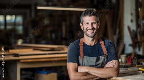 Portrait of a skilled carpenter smiling in a workshop, with woodworking tools in the background