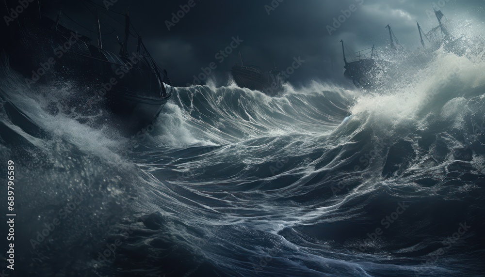 A Painting of a Ship in a Stormy Sea - obrazy, fototapety, plakaty 