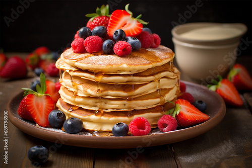 Frühstücksgenuss - Ein verlockendes Bild von goldbraunen Pancakes, das den köstlichen Charme eines perfekten Frühstücks einfängt
