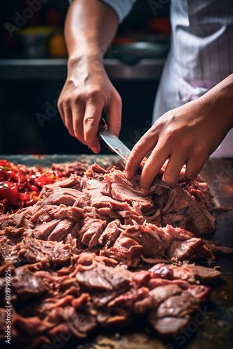 The chef in the restaurant cuts the prepared meat close-up