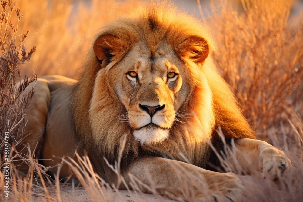 Big male African lion (Panthera leo) lying in the grass Big male African lion (Panthera leo) lying in the grass