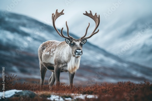 Reindeer with big antlers walking in winter tundra.