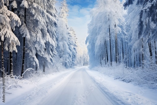 Automobile road through a winter forest covered with snow. © Lubos Chlubny