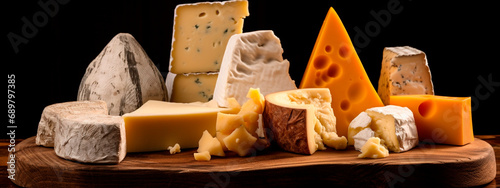 different types of cheese on a wooden board on a black background
