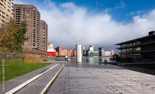 floating cabins in rijnhaven near kop van zuid in dutch city of rotterdam