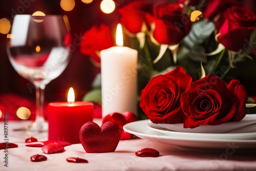 front view of dining table with red roses valentine's day dinner concept 