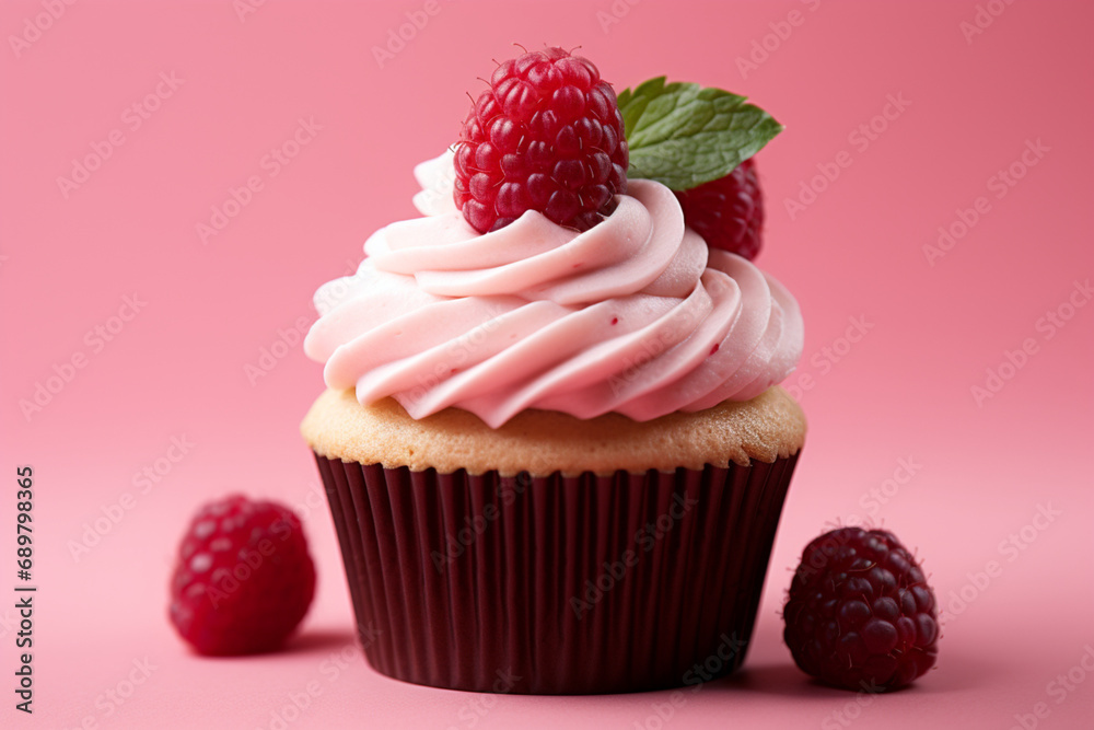 Cupcake à la framboise sur un arrière-plan rose. Pâtisserie, boulangerie, dessert, nourriture. Pour conception et création graphique.	