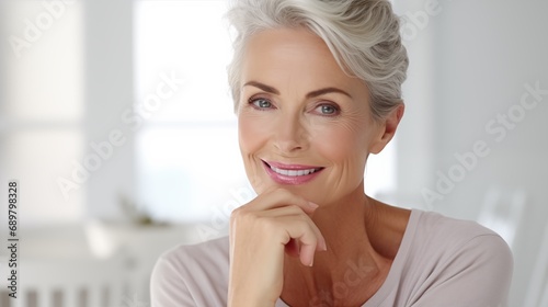 Beautiful gorgeous 50s short hair mid aged mature woman looking at camera isolated on white touching her chin Mature old lady close up portrait. Healthy face skin care beauty, middle age skincare