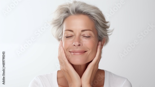 Beautiful gorgeous 50s mid aged mature woman looking at camera isolated on white touching her skin with eyes closed enjoying her glowing great skincare feeling photo
