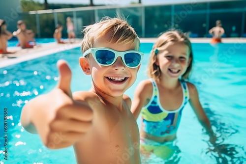 Diverse young children enjoying swimming lessons in pool, learning water safety skills, showing joy and camaraderie, representing a healthy lifestyle. 