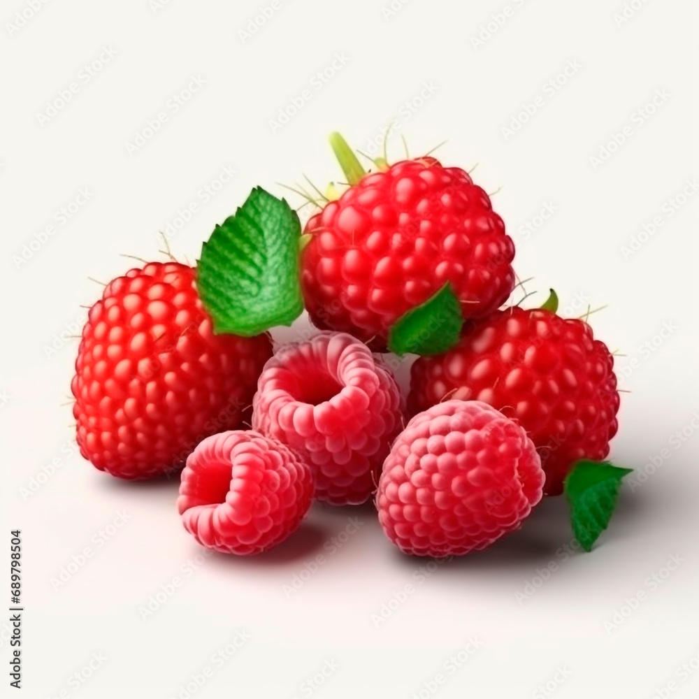 Red ripe raspberries with green leaves. Sweet 3d fresh fruits plucked from bush for vitamin desserts and organic snacks depicted close up for vegetarian design Red ripe raspberries with green leaves. Sweet 3d fresh fruits plucked from bush for vitamin desserts and organic snacks depicted close up for vegetarian design