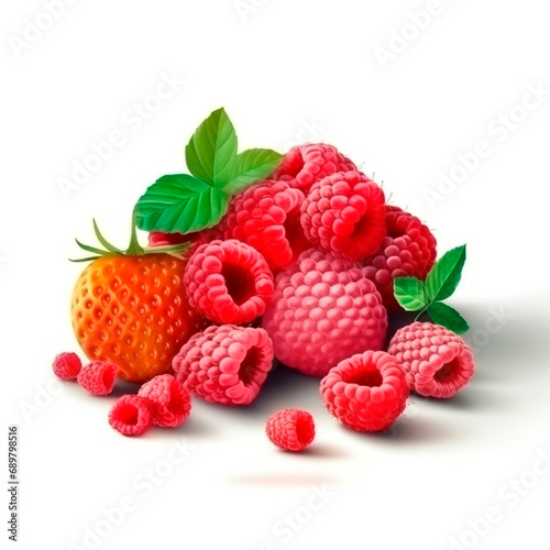 Red raspberries and yellow strawberries with green leaves. Organic 3d fresh fruits plucked from bush for vitamin desserts and snacks depicted close up for vegetarian design