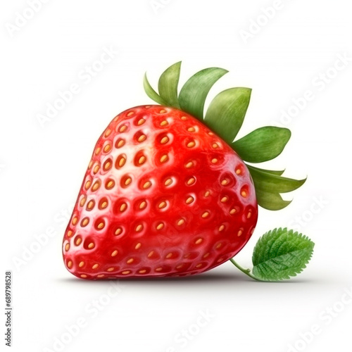 Red strawberry with green leaves. Juicy organic 3d fresh fruit plucked from bush for vitamin desserts and snacks depicted close up for vegetarian design
