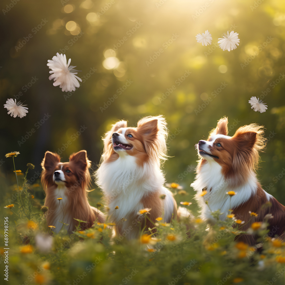 Three dogs with daisies in the meadow at sunset. AI Generative