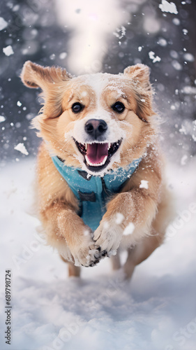 corgi dog running in winter forest with snow. AI Generative