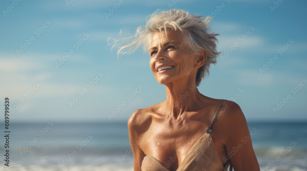 Portrait of happy smiling elderly grandmother on sky background. Summer sea vacation