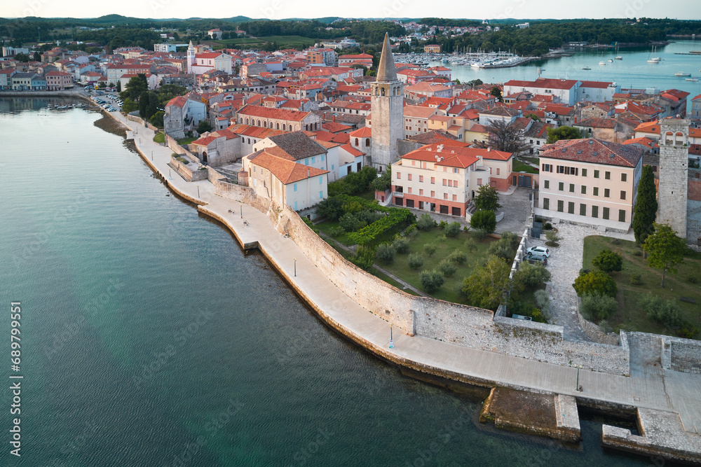 Historical part of Poreč. Early morning. Shooting from a drone.