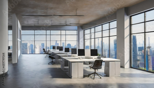 Interior of modern Industrial style open space office with white walls, concrete floor