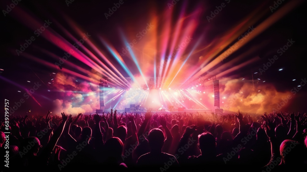 silhouette of concert crowd in front of bright stage lights. Dark background, smoke, concert spotlights