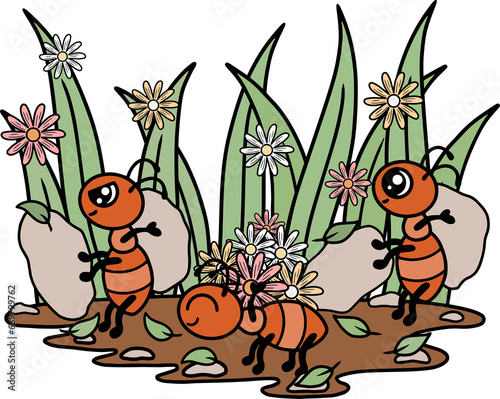 Fototapeta Naklejka Na Ścianę i Meble -  Ants working, summer day, leaves and flowers. Cute cartoon