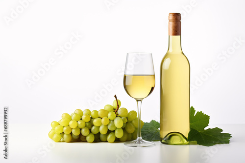 White wine bottle surrounded by wine glass, green grapes and leaves