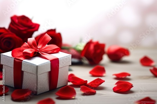 composition of red roses with gift boxes on table 